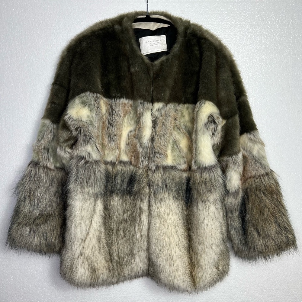 Zara Olive and Neutral Multi-Tone Faux Fur Pea Coat